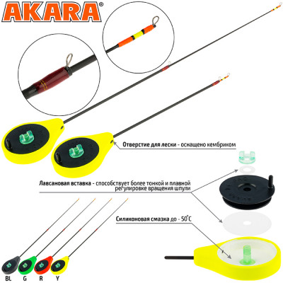 Удочка зимняя балалайка Akara ICE PRO L 355 пенопласт D44 (1-8г) хлыст стеклопласт тел, желтый