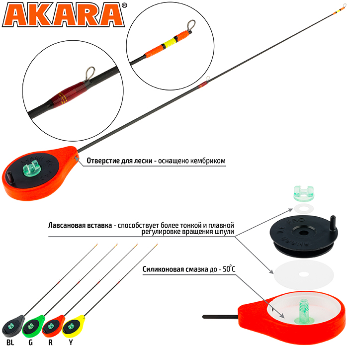 Удочка зимняя балалайка Akara ICE PRO 355 пенопласт D44 (1-8г) хлыст стеклопласт 28см, красный