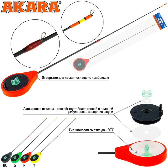 Удочка зимняя балалайка Akara ICE PRO 355 пенопласт D44 (1-8г) хлыст стеклопласт 28см, красный